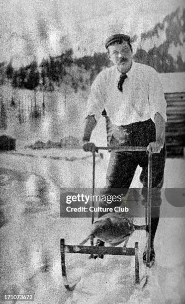 Sir Arthur Conan Doyle in the Swiss Alps. Caption reads: 'The running wolf - Sir A. Conan Doyle testing a Norwegian snow apparatus in the Engadine'....