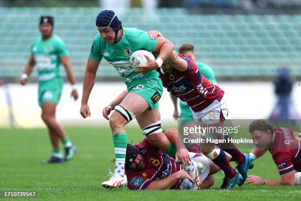 Brayden Iose of Manawatu is tackled during the round nine Bunnings Warehouse NPC match between Manawatu and Southland at Central Energy Trust Arena,...