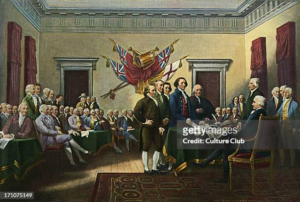 'Signing the Declaration of Independence, 28th June 1776' - painting by John Trumbull, commissioned 1817. Oil on canvas, 12 inches x 18 inches....