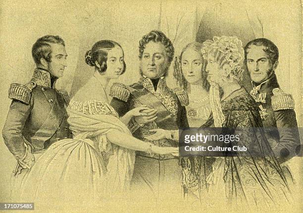 Queen Victoria & Prince Albert of England on a visit to Paris meeting the French and Belgian royal families. Shown from left to right: Prince Albert...