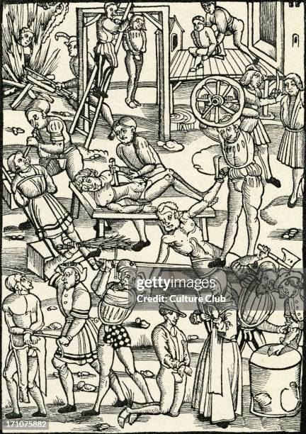 Punishment and executions in the Middle Ages. Woodcut from Mainz, by Johann Schoffer 1508. Gouging out eyes, with knife, about to cut off someone's...
