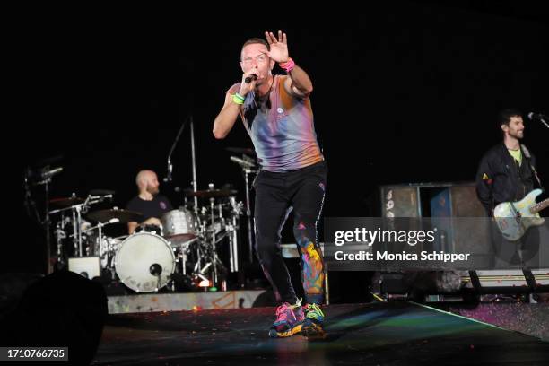 Chris Martin of Coldplay performs onstage at Rose Bowl Stadium on September 30, 2023 in Pasadena, California.