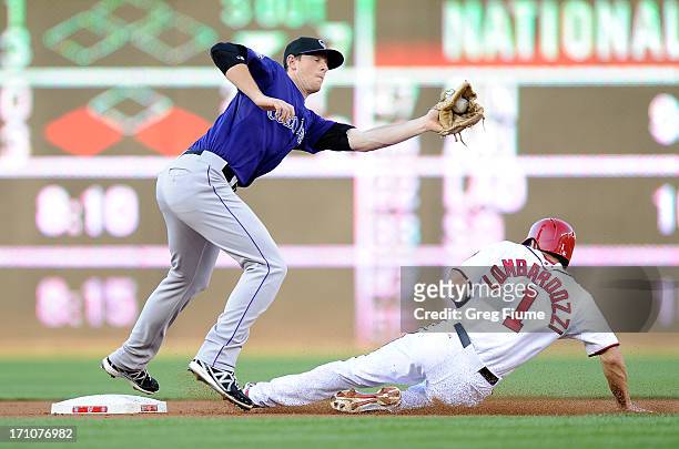 LeMahieu of the Colorado Rockies tags out Steve Lombardozzi of the Washington Nationals trying to steal second base in the second inning at Nationals...
