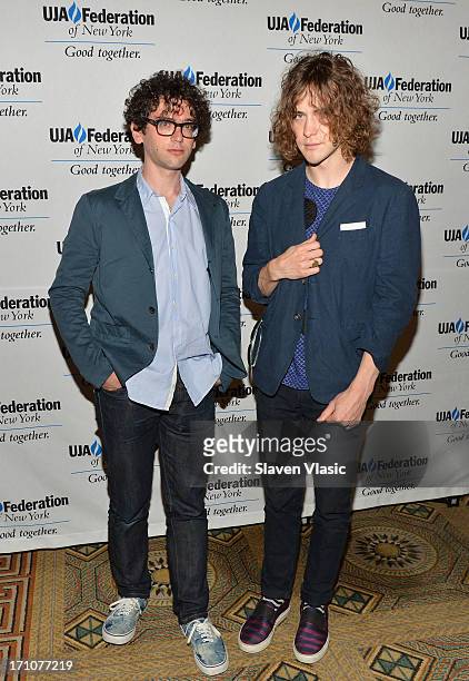 Musicians Ben Goldwasser and Andrew Vanwyngarden attend UJA-Federation Of New York Music Visionary Of The Year Award Luncheon at The Pierre Hotel on...
