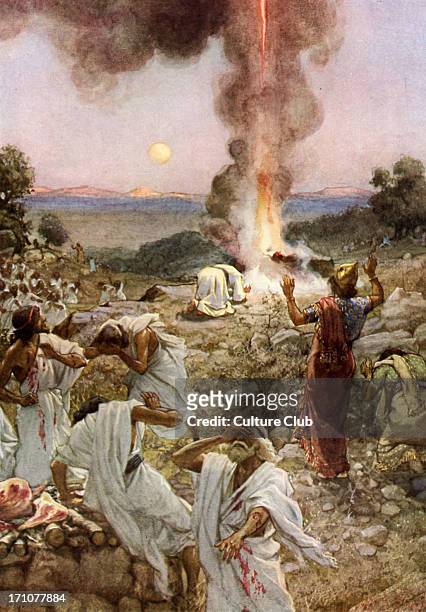 Elijah 's sacrifice at Mount Carmel. Fire appears under Elijah 's sacrifice. I Kings 18: 21 -24 ' And Elijah came unto all the people, and said, How...