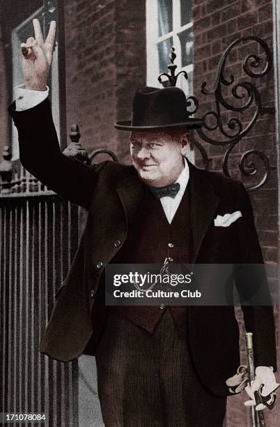 Winston Churchill - portrait of the British politician and Prime Minister making the victory gesture outside of 10 Downing Street in June 1943. 30...