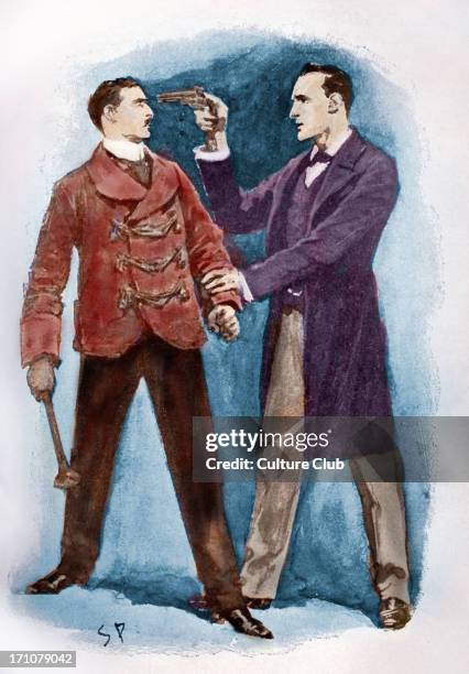 Dr Watson stopping a villain in his tracks, in The Adventures of Sherlock Holmes, by Arthur Conan Doyle. Illustration captioned 'I clapped a pistol...