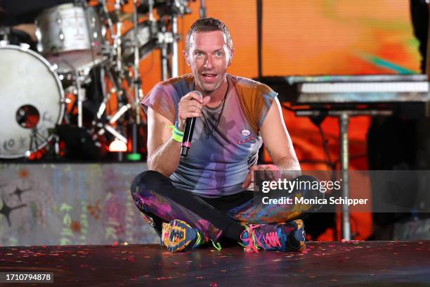 Chris Martin of Coldplay performs onstage at Rose Bowl Stadium on September 30, 2023 in Pasadena, California.