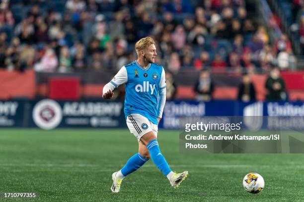 Kamil Jozwiak of Charlotte FC passes the ball during a game between Charlotte FC and New England Revolution at Gillette Stadium on September 30, 2023...