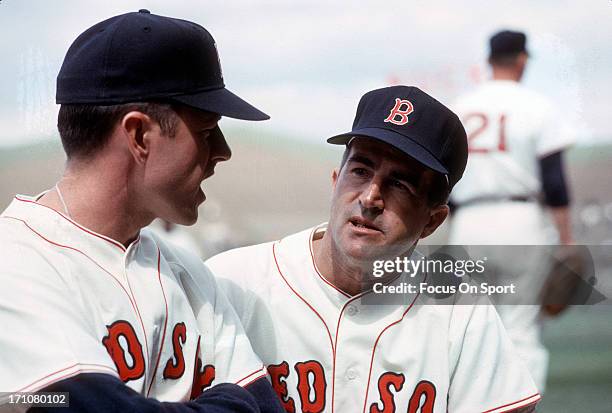 Manager Johnny Pesky of the Boston Red Sox talks with first baseman Dick Stuart during an Major League Baseball game circa 1963 at Fenway Park in...