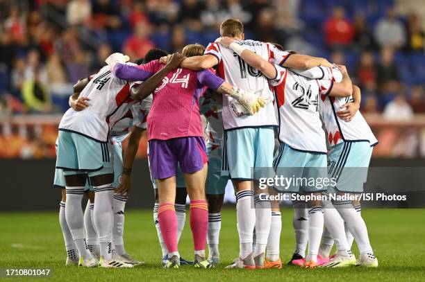 Chicago Fire players huddle during a game between Chicago Fire FC and New York Red Bulls at Red Bull Arena on September 30, 2023 in Harrison, New...