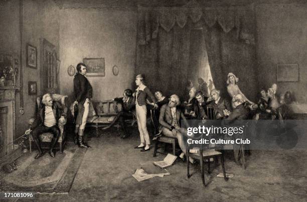 The Meeting of Burns and Scott in Sciennes House, Edinburgh, the home of Adam Ferguson. From the painting by Charles Martin Hardie, 1858-1916....