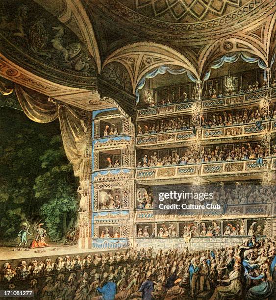 Drury Lane Theatre, London - interior,built 1794. Detail based on watercolour reproduction by Edward Dayes showing the audience and stage, 1795. ED 6...