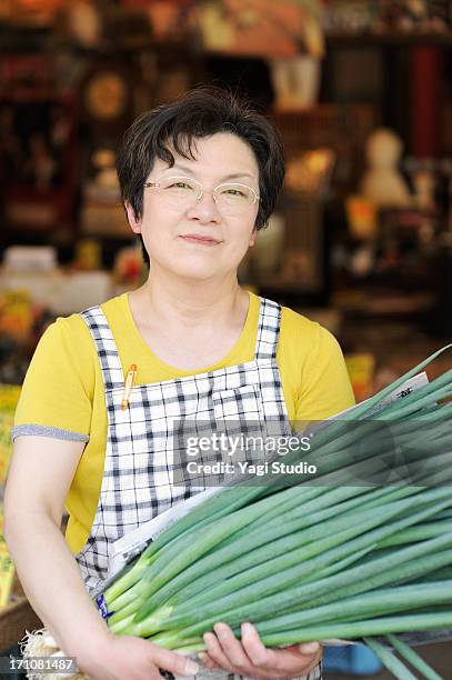 the woman of the owner japanese grocer - toyooka stock pictures, royalty-free photos & images