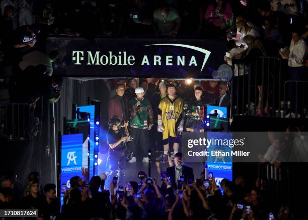 Canelo Alvarez waits to enter the ring for his super middleweight title fight against Jermell Charlo at T-Mobile Arena on September 30, 2023 in Las...