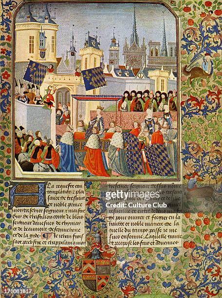 The entry of Queen Isabel into Paris in 1389, from Froissart's Chronicles by Jean Froissart. JF: chronicler of medieval France, c. 1337  c. 1405;...