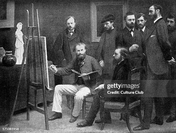 Edouard Manet painting in his studio surrounded by 19th century French artists and writer, including Auguste Renoir, Emile Zola and Claude Monet, by...