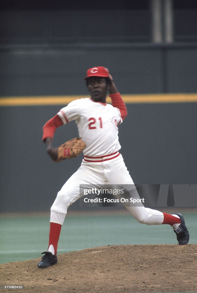 Tom Hall Reds Tom Hall of the Cincinnati Reds pitches against the Oakland Athletics ...