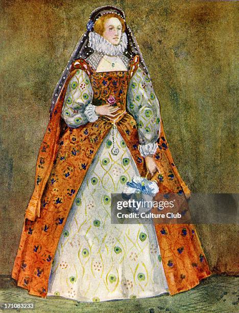 Woman 's costume in reign of Elizabeth I . Wearing a gown with a voluminous ruff with elaborately patterned gown and under-gown and a veil...