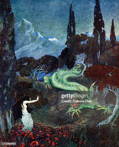 Green dragon - Green dragon illustration from 'Poppyland' by Henry De Vere Stacpoole. Caption reads: 'It was an immense green dragon'. Illustrated by...