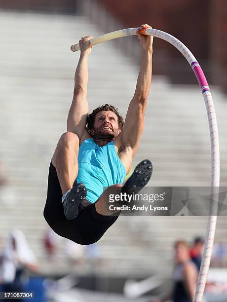 Brad Walker vaults to victory in the Mens' Pole Vault on day two of the 2013 USA Outdoor Track & Field Championships at Drake Stadium on June 21,...