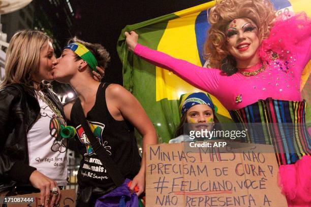 Members of the LGBT community join the protest on Paulista Avenue in Sao Paulo, Brazil on June 21, 2013. Brazil's embattled president Dilma Rousseff...