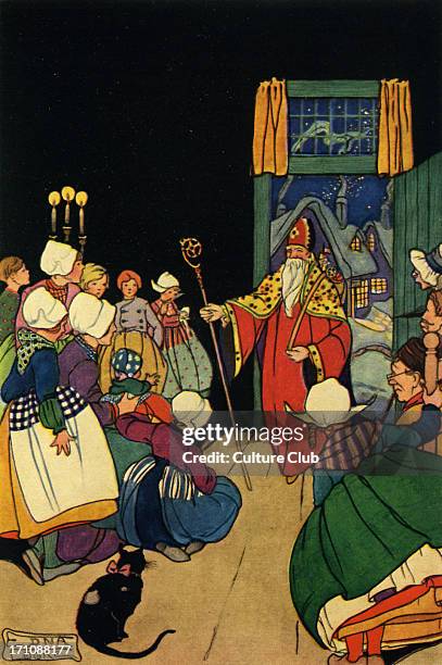 Saint Nicholas arrives at Dutch family home on Christmas eve. All wearing traditional Dutch costume. Illustrated by Edna Cooke Caption reads 'The...