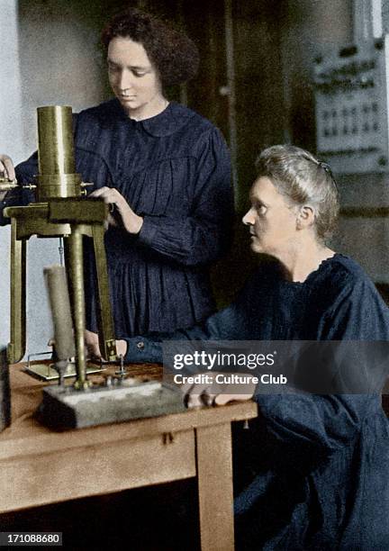 Marie Curie and her daughter Irene, 1925. MC: Polish-born French physicist and pioneer in radioactivity, 7 November 1867 4 July 1934. Colourised...