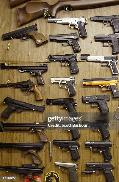 Airsoft plastic BB guns are on display in a shop selling the hobbyist replica firearms January 6, 2003 in London. British Home Secretary David...