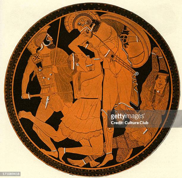 Greek red figure vase showing Achilles slaying the Amazon Penthisilea in battle. After a painting by Polygnotos. Athenian, circa 5th century BCE.