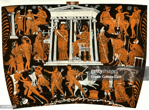Tarantine Greek red figure vase showing the underworld. Hades and Persephone hold court in the centre with Aeacus, a judge of the virtues of the...