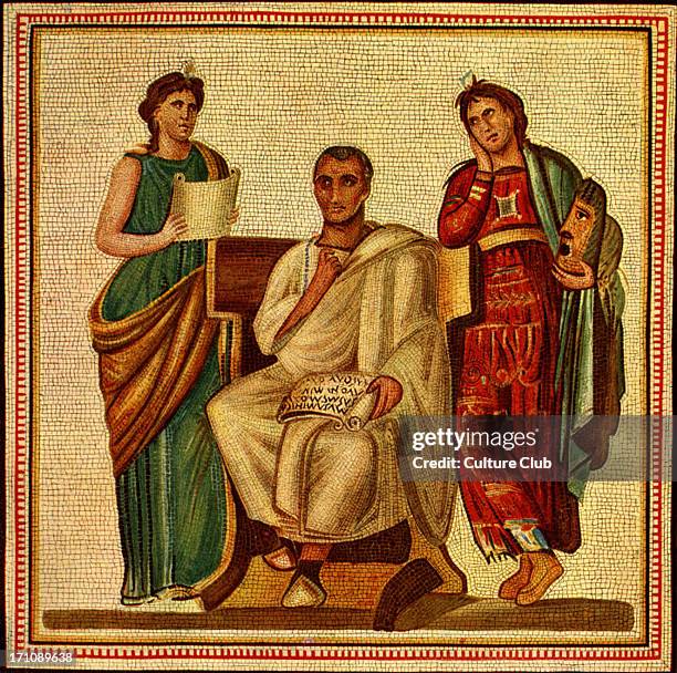 Virgil with Clio and Melpomene, the muses of History and Tragedy. Roman mosaic found in Hadrumetum, Tunisia. Publius Virgilius Maro classical Roman...