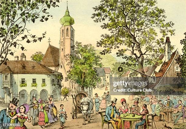 Grinzing, Vienna, village scene with horse and carts, early 19th century dress. Schubert enjoyed coming here to taste the first wines.