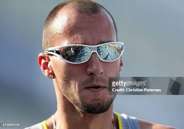 Jeremy Wariner reacts after competing in the Men's 400 Meter Dash on day one of the 2013 USA Outdoor Track & Field Championships at Drake Stadium on...