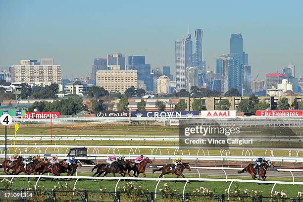 Jason Maskiell riding The Cleaner leads all the way to win the David Bourke Provincial Plate during Melbourne racing at Flemington Racecourse on June...