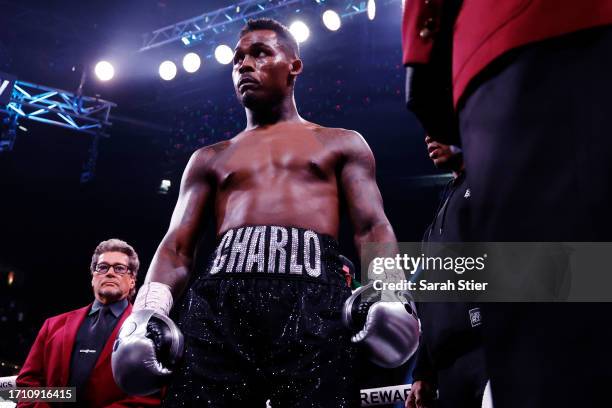 Jermell Charlo looks on prior to a super middleweight title fight against Saul "Canelo" Alvarez of Mexico at T-Mobile Arena on September 30, 2023 in...