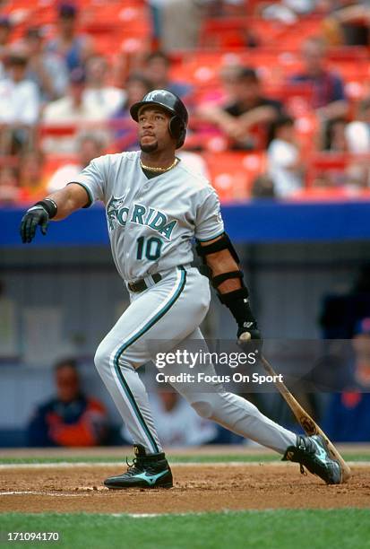 Gary Sheffield of the Florida Marlins bats against the New York Mets during an Major League Baseball game circa 1996 at Shea Stadium in the Queens...