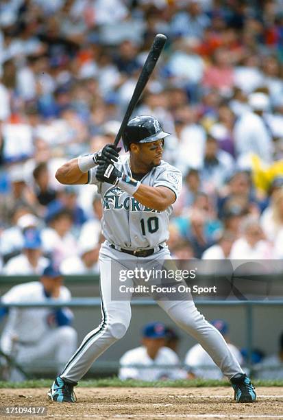 Gary Sheffield of the Florida Marlins bats against the Chicago Cubs during an Major League Baseball game circa 1994 at Wrigley Field in Chicago,...