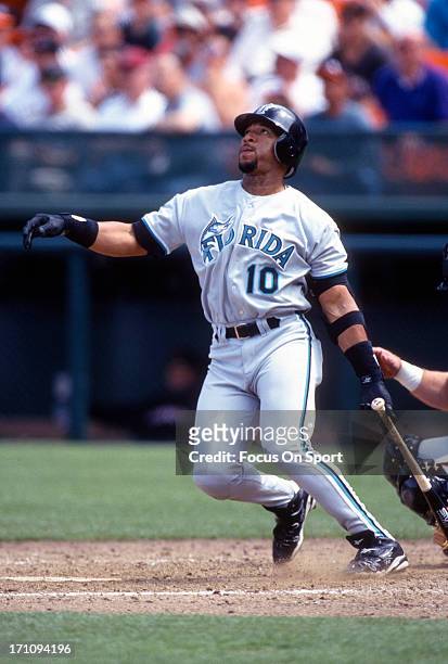 Gary Sheffield of the Florida Marlins bats against the San Francisco Giants during an Major League Baseball game circa 1997 at Candlestick Park in...