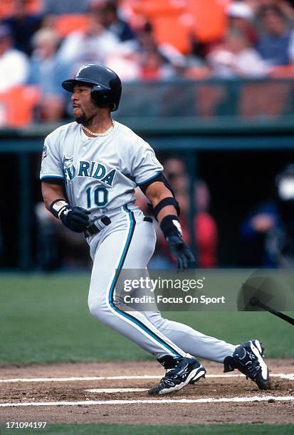 Gary Sheffield of the Florida Marlins bats against the San Francisco Giants during an Major League Baseball game circa 1997 at Candlestick Park in...