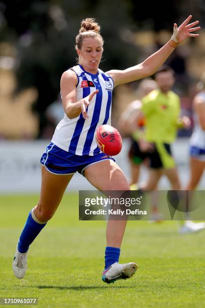 Emma King of the Kangaroos kicks the ball during the round five AFLW match between North Melbourne Tasmania Kangaroos and Greater Western Sydney...