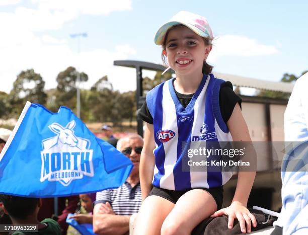 North Melbourne fans show support during the round five AFLW match between North Melbourne Tasmania Kangaroos and Greater Western Sydney Giants at...