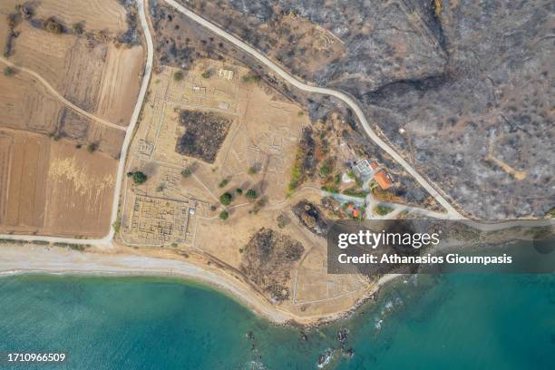 Aerial view of Burnt forest and the archaeological site of Mesimvria Zone on September 25, 2023 in Alexandroupoli, Greece. The wildfire in Evros...