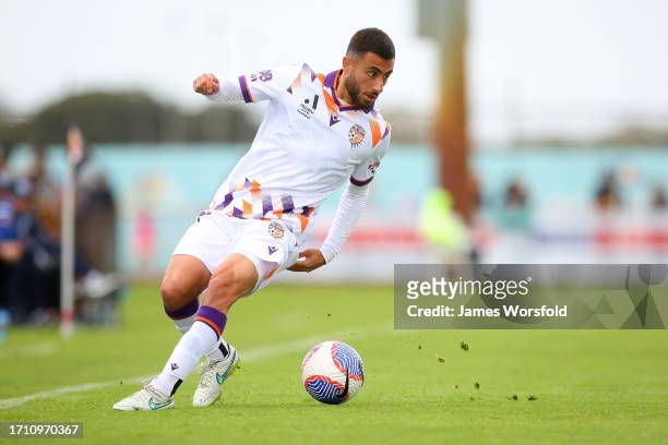 Jarrod Carluccio of the Glory takes control of the ball during the A-League Mens pre-season match between Perth Glory and Melbourne Victory at...