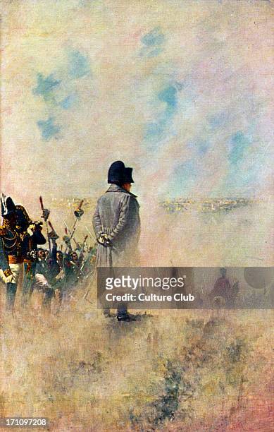 Napoleon Bonaparte at war - standing on battlefield in Moscow, Russia. Back view, wearing emblematic tricorne hat. Emperor of France. 15 August 1769...