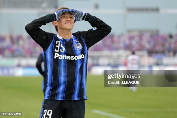 Takashi Usami of Gamba Osaka celebrates after scoring his team's second goal during the J.League J1 first stage match between Gamba Osaka and FC...