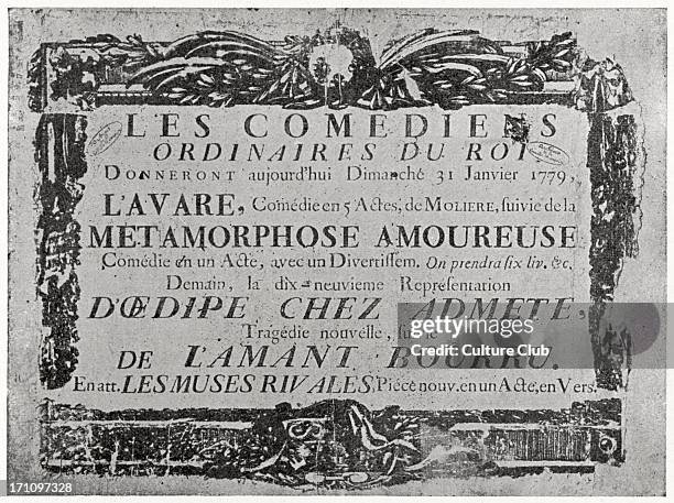 Original poster for theatrical productions of Molière's plays on 31 January 1779, Paris, France. Comedies include: L'Avare, Métamorphose Amoureuse....