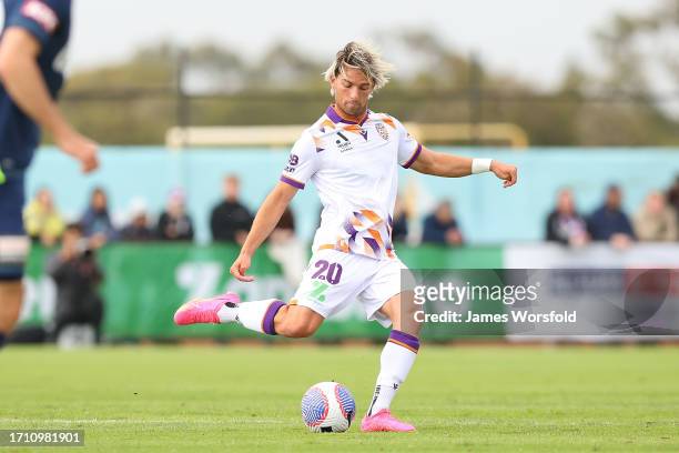Giordano Colli of the Glory pasess the ball down the pitch during the A-League Mens pre-season match between Perth Glory and Melbourne Victory at...