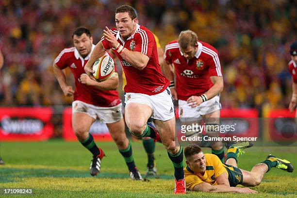 George North of the Lions makes a break during the First Test match between the Australian Wallabies and the British & Irish Lions at Suncorp Stadium...