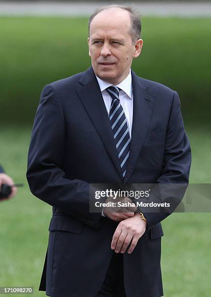 Russian Federal Security Service Chief Alexander Bortnikov attends a wreath laying ceremony at the Tomb of the Unknown Soldier in Alexander Garden...
